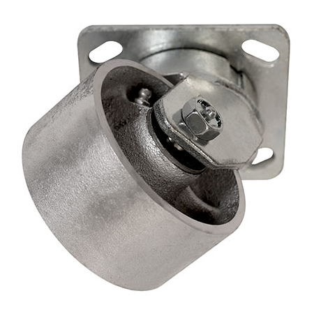 Angled bottom view of swivel caster with silver wheel
